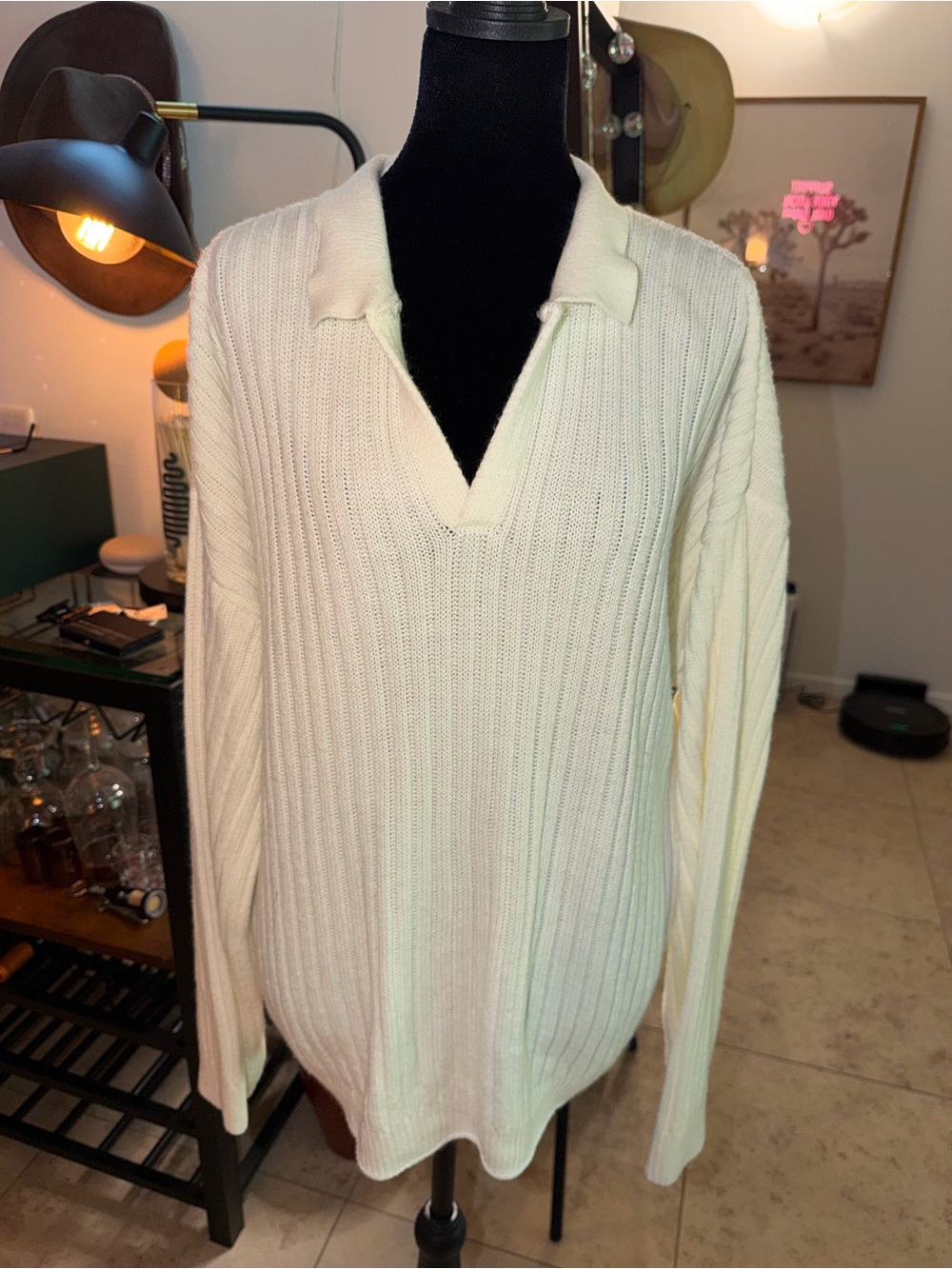 Imanimo Cream Ribbed V-Neck Collared Sweater Oversized - Picture 2 of 6